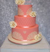 3 Tier Wedding Cake Design with quilting, edible lace and handmade sugar roses.